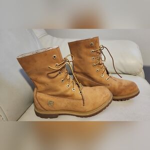 Timberland Womens Combat Boots Brown Leather Fold-Over Fleece Lined Lace Up 9